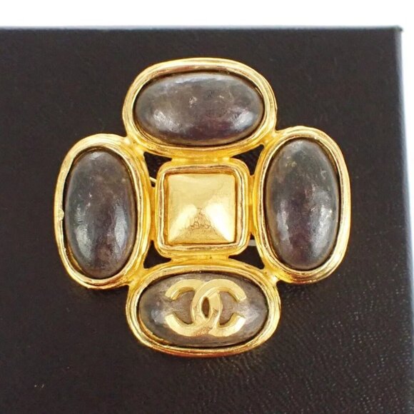authenticity guaranteed CHANEL CC Logo Stone Pin Brooch GHW France - Picture 1 of 7